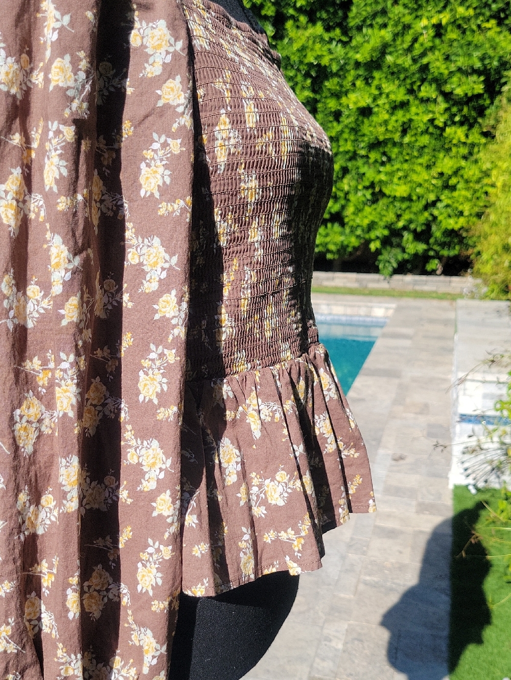 Brown Floral 100% Cotton Puff Sleeve Stretchy Boho Blouse L - Picture 10 of 14